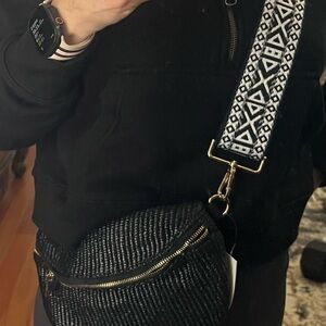 Black and White Satchel with Patterned Strap